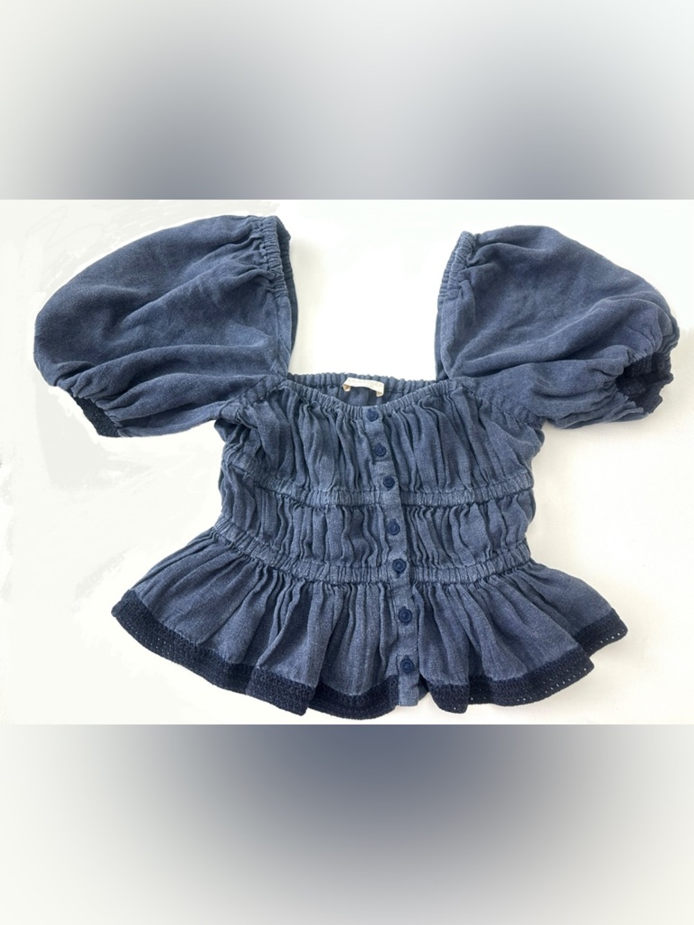 Ulla Johnson Slate-Blue Smocked Peplum Top.  Size 2.